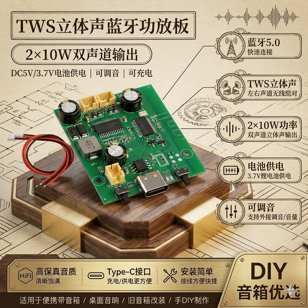 DC5V/3.7V电池供电TWS立体声蓝牙功放板2*10W双声道可调音可充电