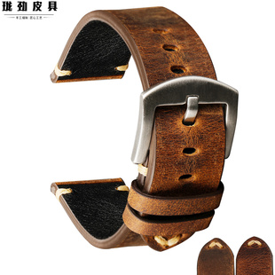 手工复古棕色表带男磨砂疯马牛皮18 22MM适配精工浪琴柔软表链