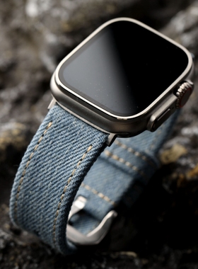 手工日本岗山牛仔布表带适配Apple watch 49MM 46MM 45MM 44M男