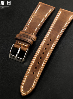 全手工霍尔文horween多脂真皮表带18 19 20MM古董头层牛皮男表链