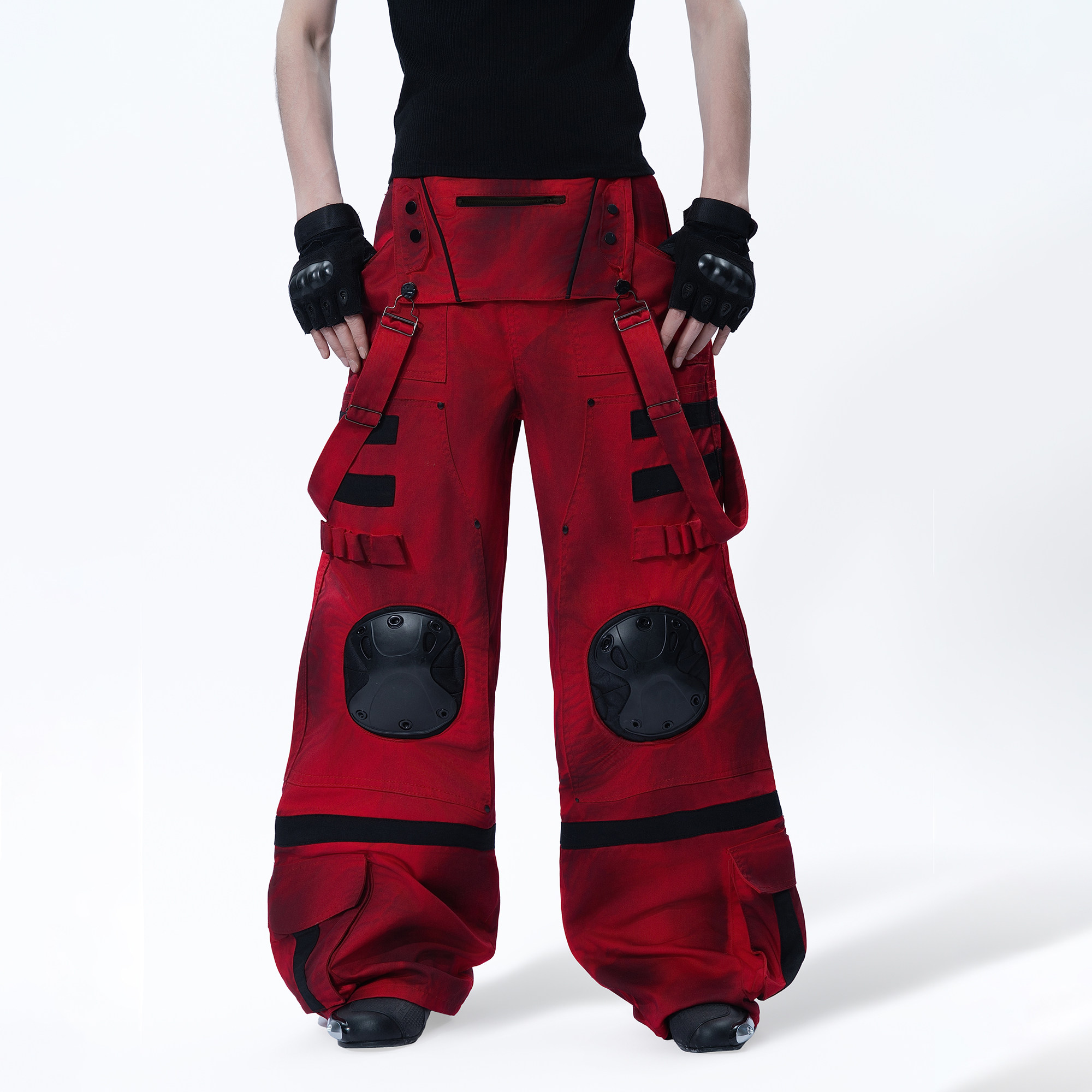 MOGONGSHE*机能风新年红工装裤护膝装饰多绑带设计赛博朋克背带裤,男装,时尚工装裤,淘宝优惠券,粉丝福利购,淘宝优惠卷