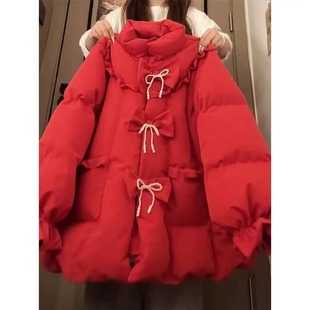 紅色蝴蝶結(jié)珍珠設(shè)計感棉服外套女冬季 甜美寬松保暖加厚棉衣面包服