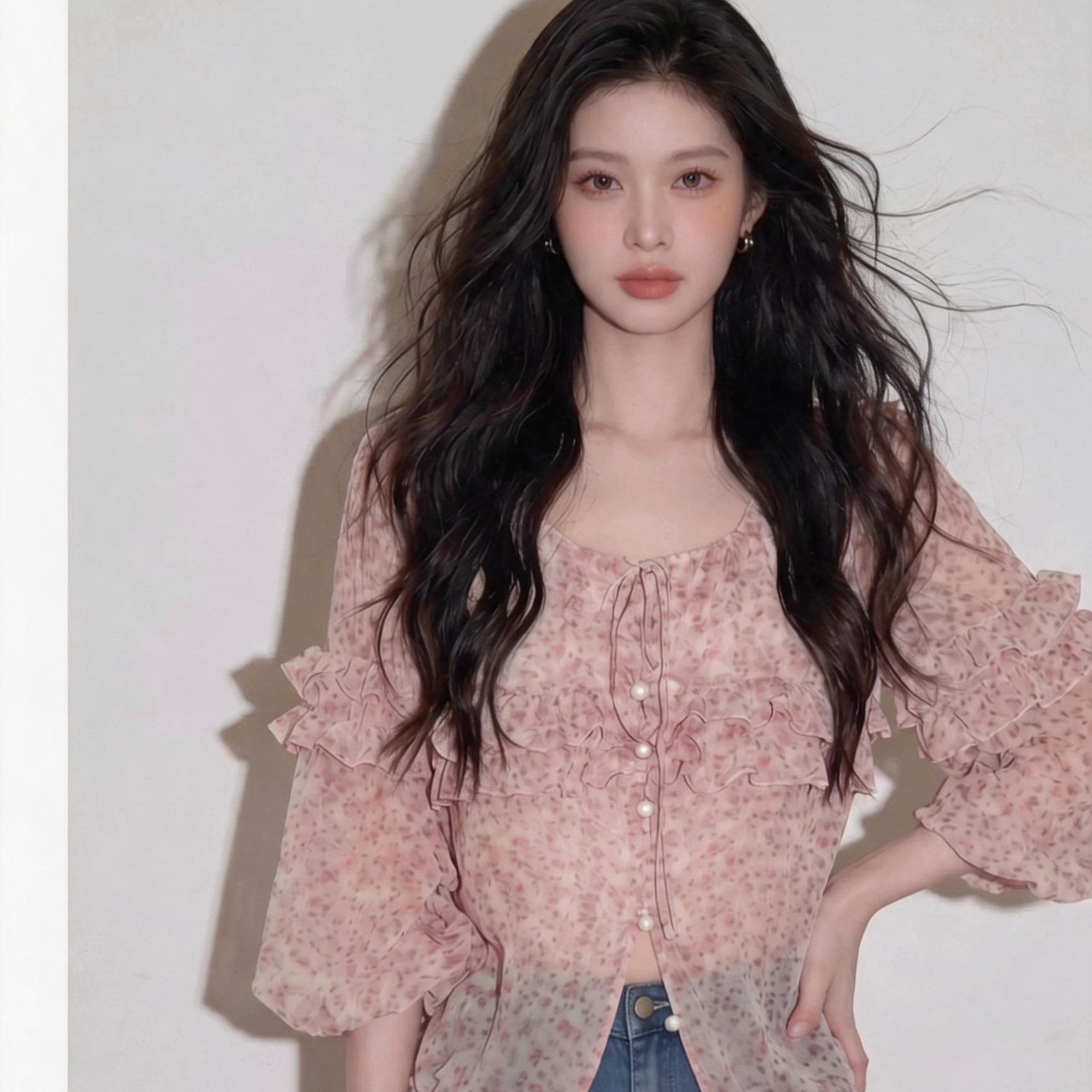 法式白领独特漂亮碎花抽褶防晒衬衫女夏季款2026超火减龄上衣