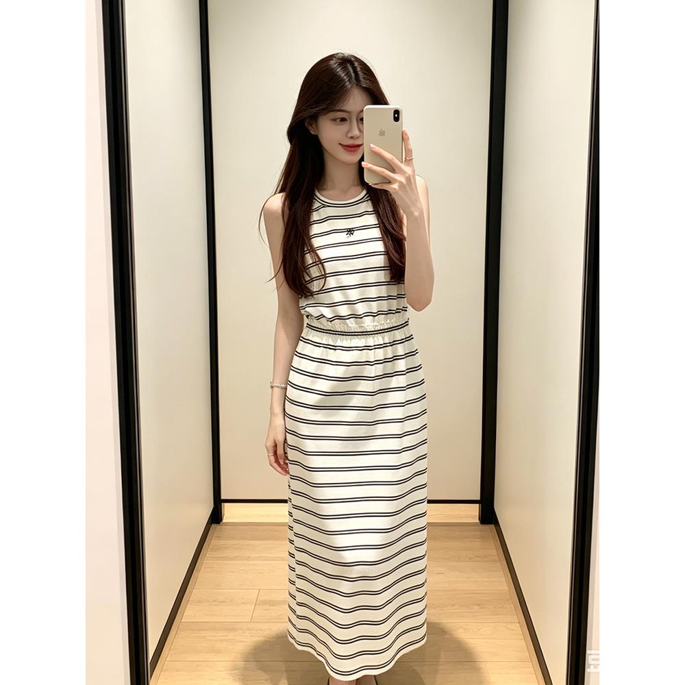 2026夏季新款ss懒人条纹裙好穿显瘦的通勤长裙收腰气质洋装女