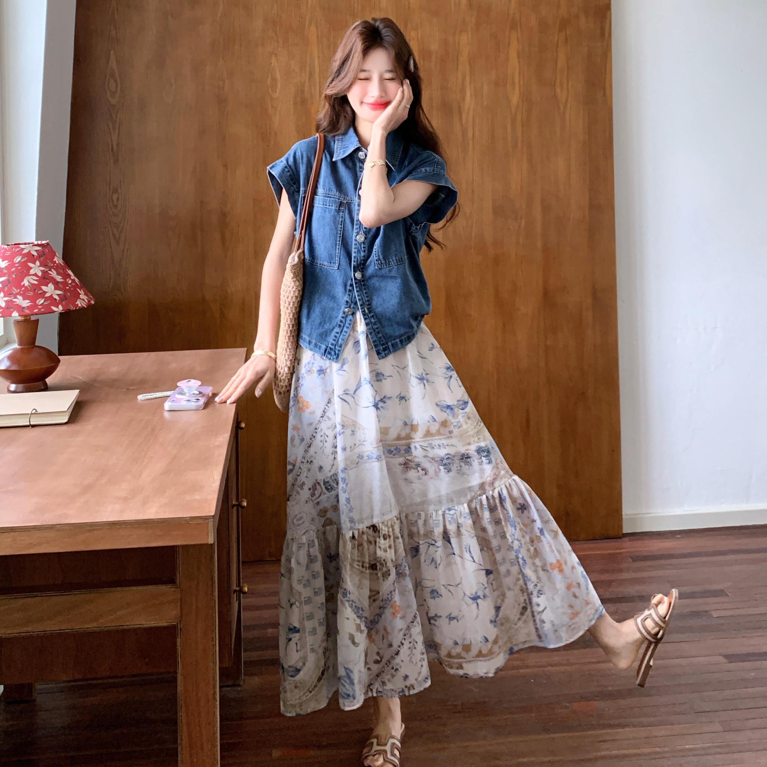 女装夏装套装2026新款洋派女士夏季牛仔上衣碎花半身裙休闲两件式