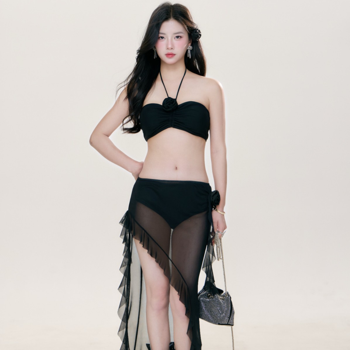 bikini2025欧美泳衣新款性感黑色比基尼挂脖花朵立体跨境外贸