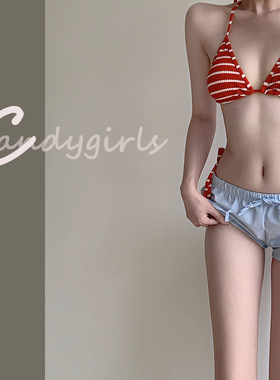 Candygirls红色条纹泳衣女新款温泉分体欧美性感纯欲度假风比基尼