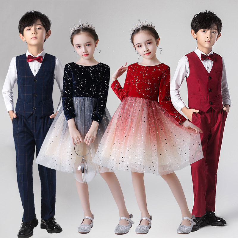元旦儿童演出服小学生合唱女童红色舞蹈裙主持人朗诵礼服表演服装
