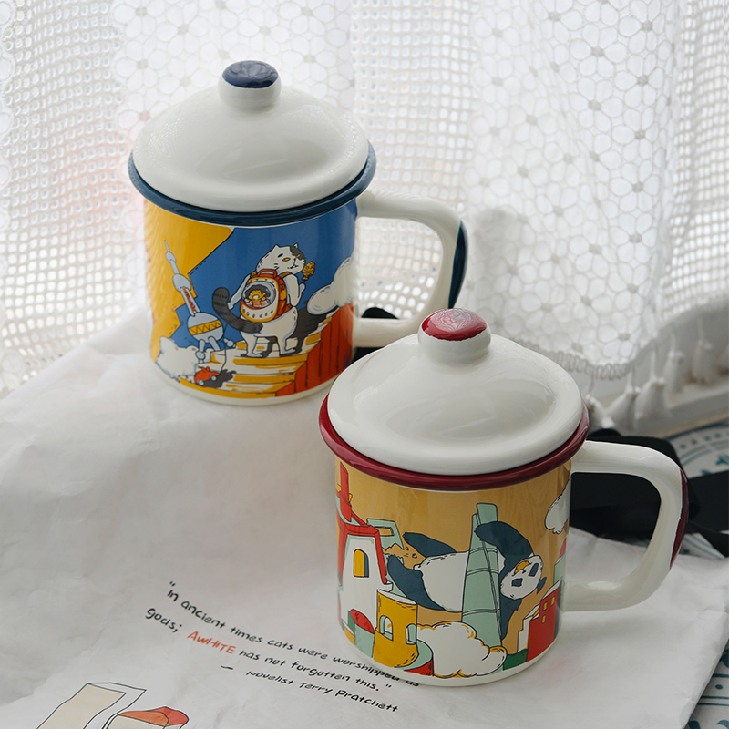 10公分大容量带盖搪瓷水杯