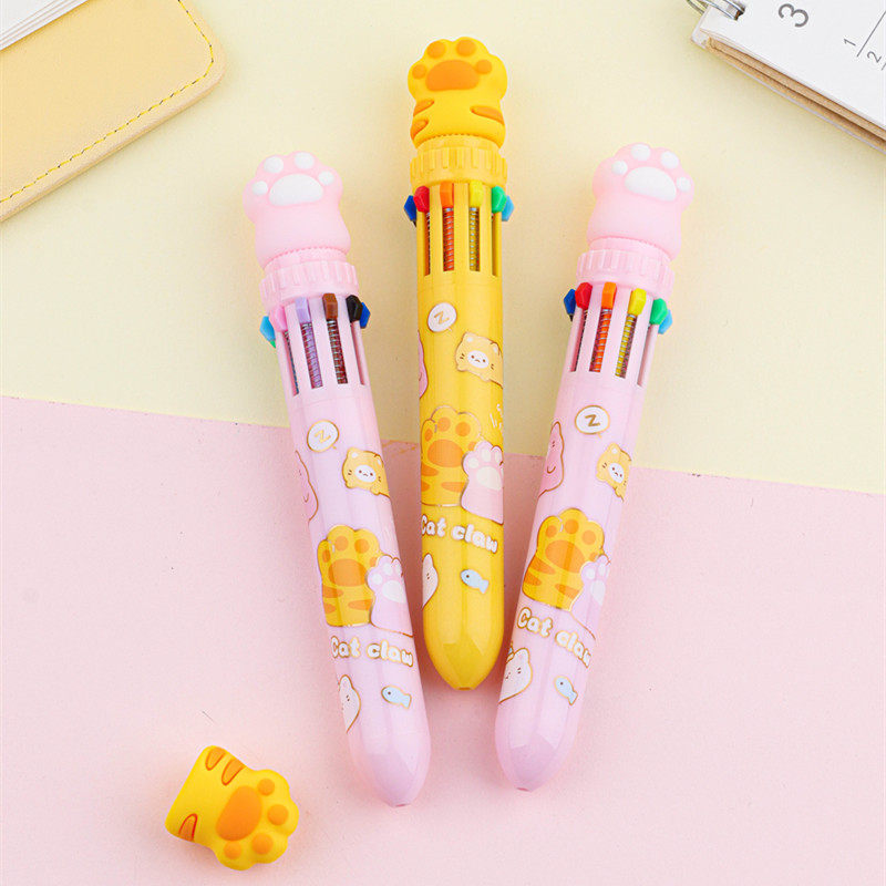 多色圆珠笔彩色多色笔合一按动十色圆珠笔油笔卡通猫爪可爱少女心