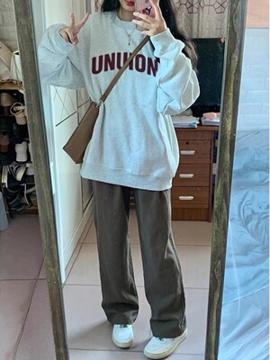 银狐绒圆领卫衣女加绒加厚秋冬2025新款宽松oversize美式无帽上衣