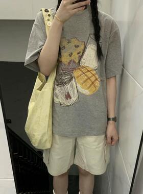 甜酷美式咖啡甜品印花灰色短袖t恤夏季宽松休闲百搭圆领上衣潮ins