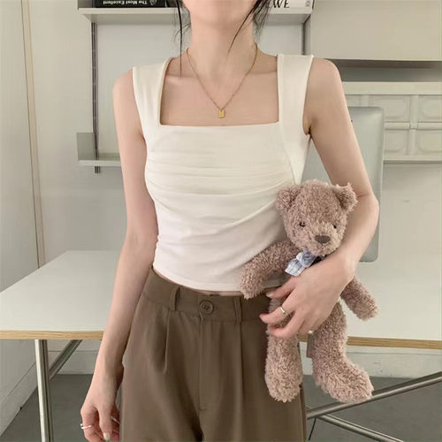 方领褶皱打底背心女夏季韩版2023