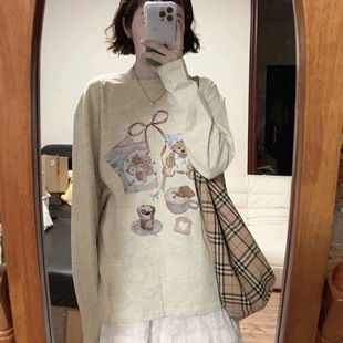 早秋宽松慵懒打底衫 T恤女2025新款 复古可爱小熊正肩长袖 纯棉美式