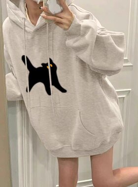 卡通灰色连帽卫衣女春秋冬慵懒风宽松设计感小众加绒带帽套头上衣