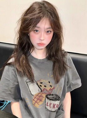 美式复古趣味印花灰色正肩短袖T恤女2025夏季新款宽松半袖上衣潮