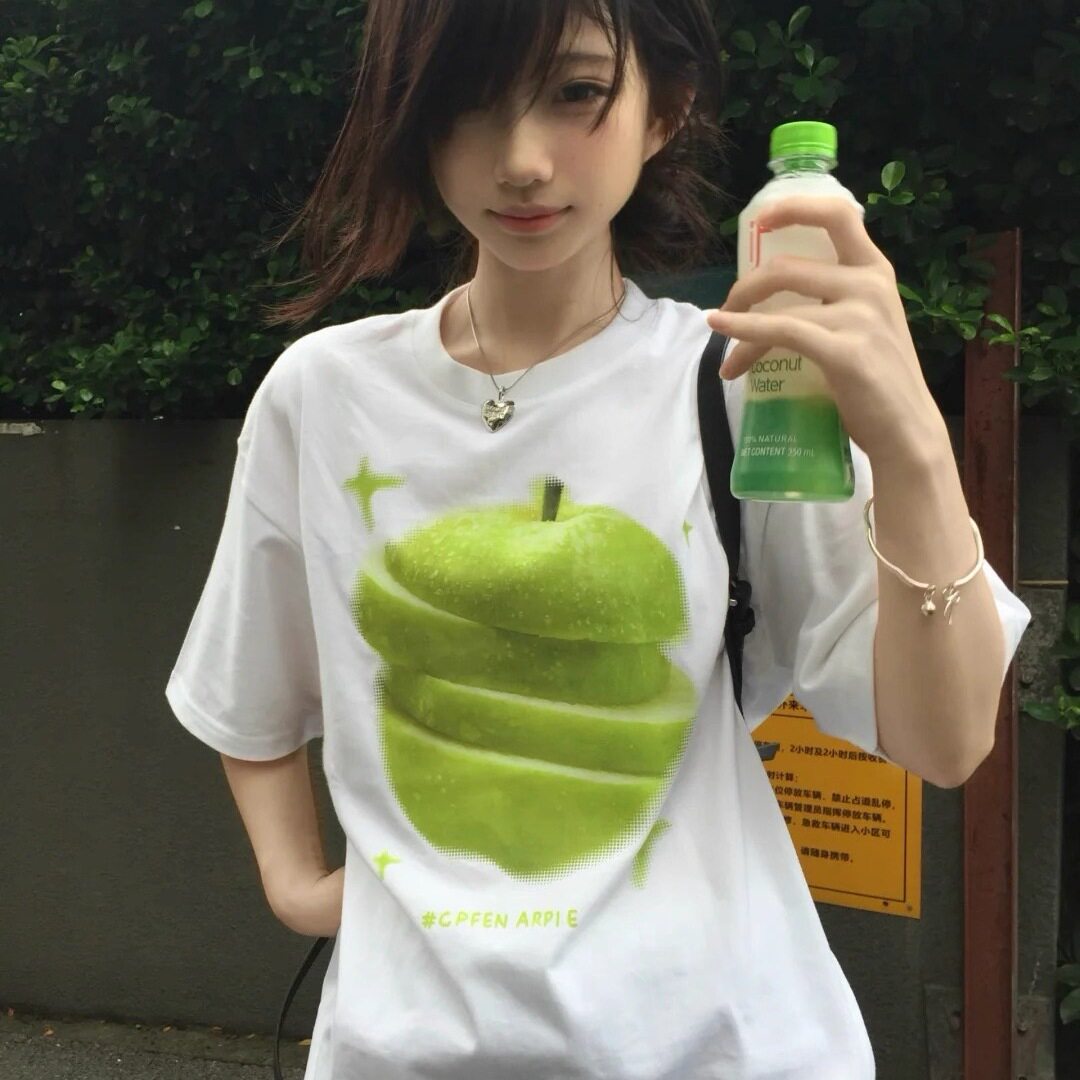 元气青苹果印花白色短袖t恤女图片