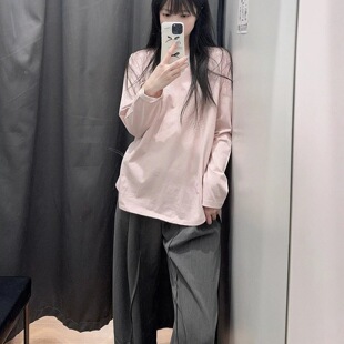 2025早秋新款 正肩卫衣内搭打底衫 上衣 T恤女宽松薄款 粉色纯棉长袖