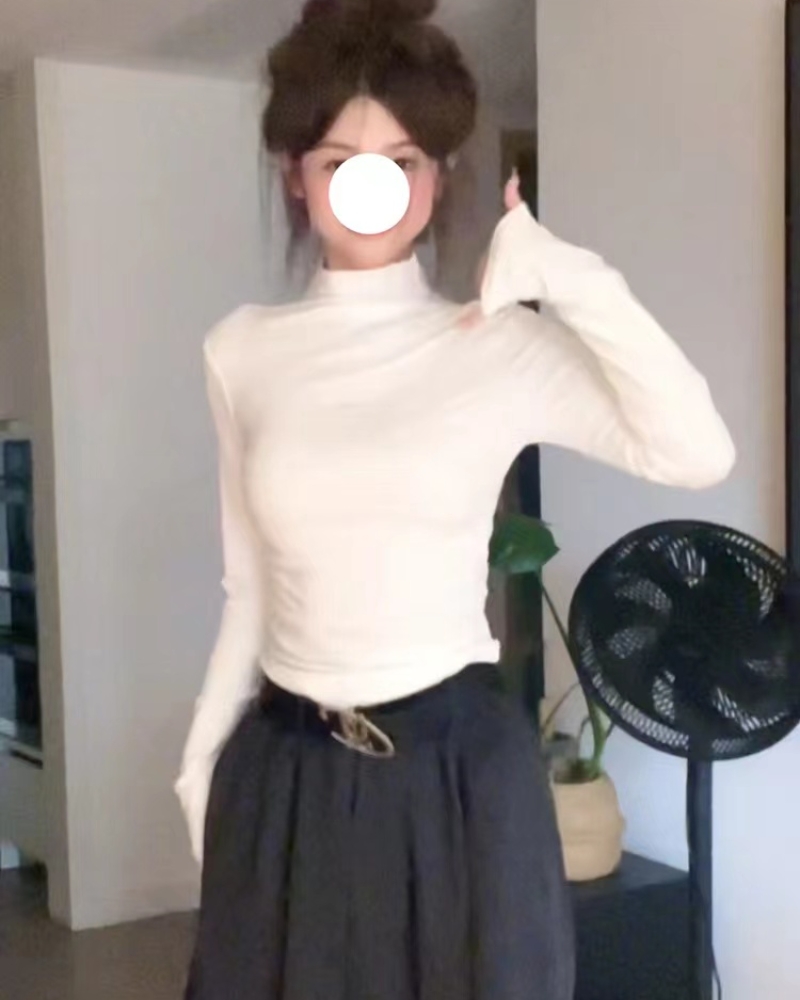 白色打底衫女春秋季内搭正肩长袖t恤2025新款修身显瘦半高领上衣