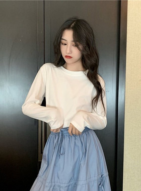 ins超火长袖t恤女纯色2022韩版潮宽松泫雅风怪味短款mschf上衣服