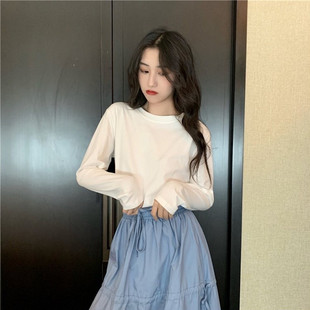ins超火长袖t恤女纯色2022韩版潮宽松泫雅风怪味短款mschf上衣服