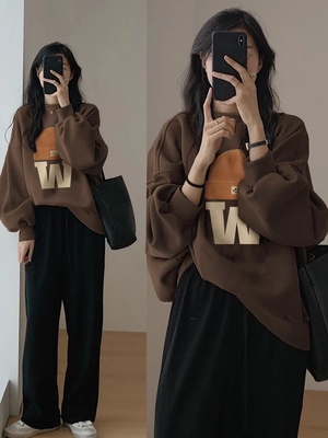 复古美拉德穿搭卫衣女春秋季薄款oversize宽松圆领上衣美式棕外套