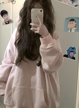 美式重磅粉色套头卫衣女秋季宽松ovesize休闲百搭慵懒连帽外套潮