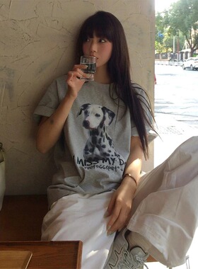 美式潮牌t恤女夏季班点狗印花情侣宽松短袖oversize灰色休闲上衣