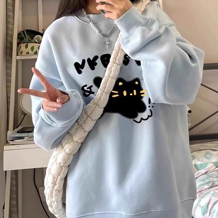 奶fufu圆领加绒卫衣女春秋小众设计感宽松慵懒风oversize无帽上衣