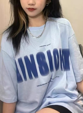 蓝色t恤女夏上衣服时尚洋气2022年新款宽松韩版网红短袖ins潮超火