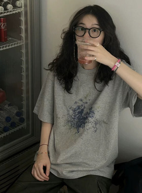 美式复古泼墨印花纯棉灰色短袖t恤夏季宽松休闲百搭圆领上衣潮ins