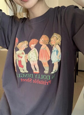 美式复古短袖t恤女2022夏季新款设计感小众休闲卡通印花灰色上衣