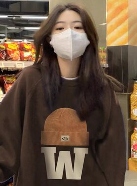 美式复古卫衣女春秋2025新款爆款外套oversize小个子棕色慵懒上衣