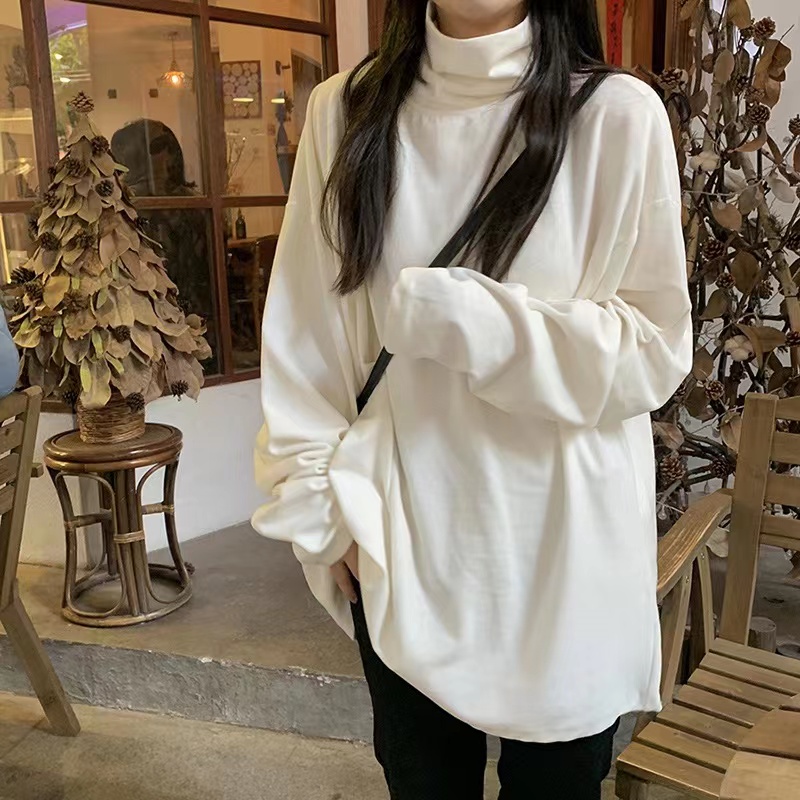 德绒堆堆领软糯打底衫女宽松秋冬季内搭长袖高领t恤加厚白色上衣