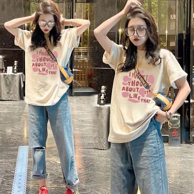 粉色短袖t恤女圆领纯棉宽松美式