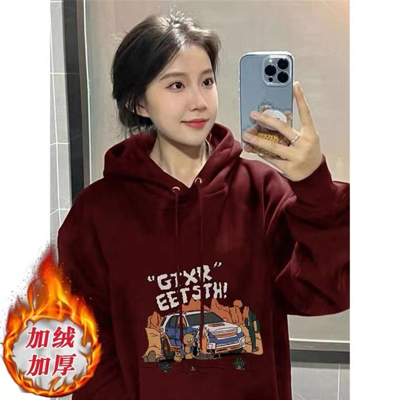 美式复古学院风连帽卫衣女hiphop潮牌大码ins潮秋冬加绒加厚外套