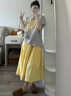 甜酷韩系字母印花灰色纯棉短袖t恤夏季新款宽松休闲百搭圆领上衣