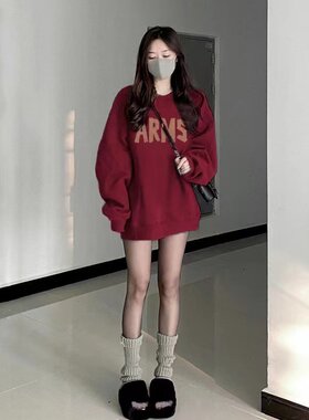 酒红色正肩圆领卫衣女春秋季2025新款早秋宽松慵懒风港味chic上衣