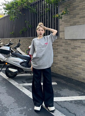 美式印花灰色短袖T恤女潮牌夏季2025新款小众设计感复古高街上衣