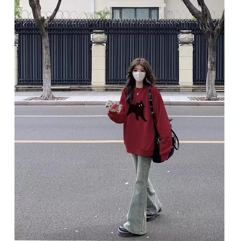 山东即墨卫衣女2025新款爆款秋冬款酒红色无帽oversize冷淡系上衣