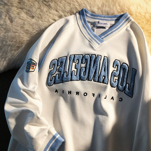 Японская толстовка подходит для мужчин и женщин, ретро небольшая дизайнерская куртка, с вышивкой, V-образный вырез, оверсайз, тренд сезона