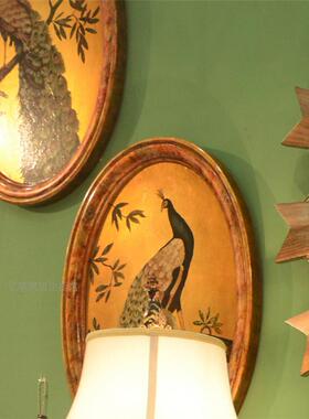 茱莉安法式金色木板画椭圆形手绘孔G雀挂画一对美式乡村装饰壁画