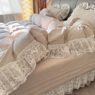 法式轻奢全棉纯棉超柔软床盖四件套双层大蕾丝花边高奢少女心床品