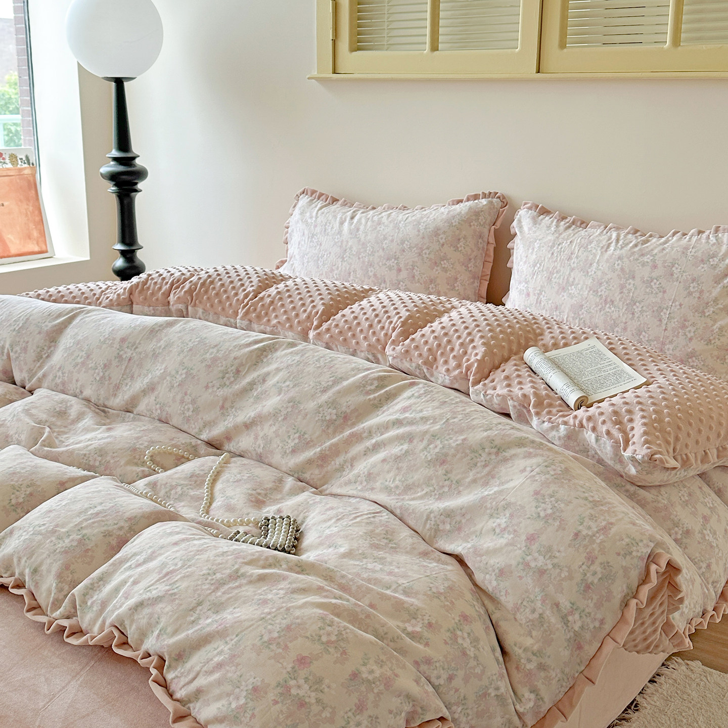 复古唯美秋冬床上用品亲肤舒适花边棉加绒四件套纯棉宝宝绒