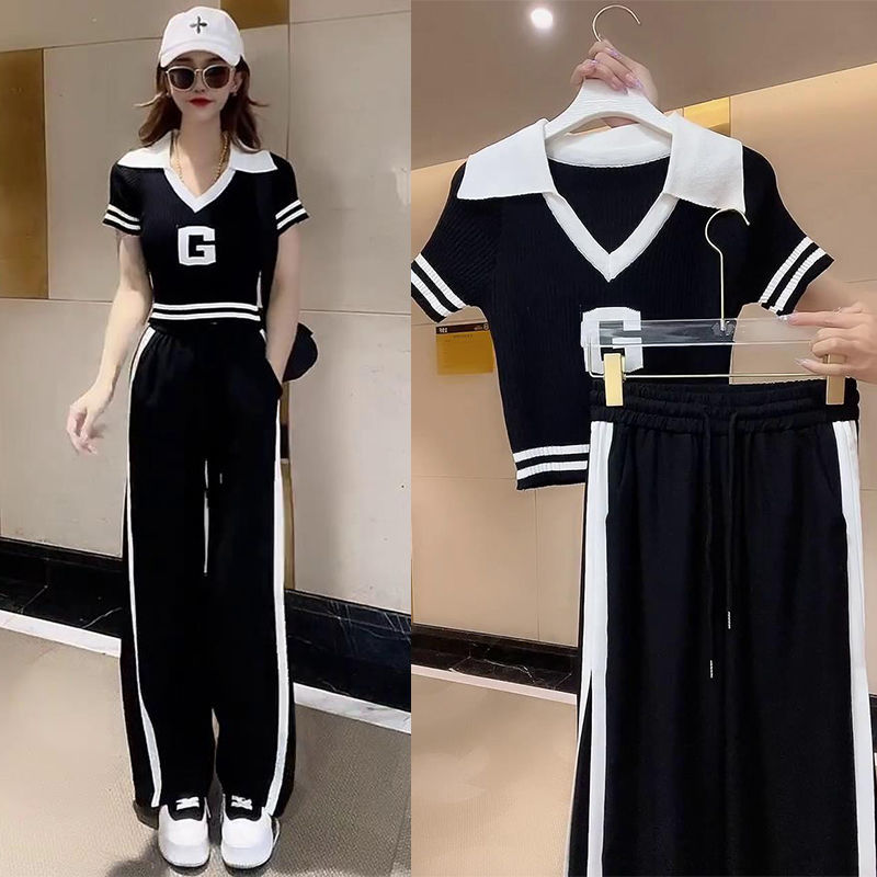 时尚休闲运动套装女夏季新款V领短袖字母T撞色阔腿长裤两件套