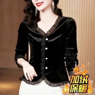 新款 黑色金丝绒高级感上衣女 气质洋气衬衫 2022秋冬季 修身 显瘦小衫