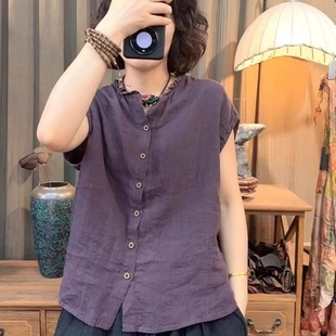 休闲复古文艺百搭T恤上衣女 棉麻衬衫 2025年夏季 新款 木耳边领开衫