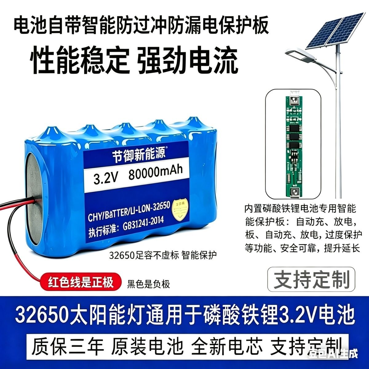 3.2 Solar Lithium Battery Lithium Iron Phosphate 32650 Outdoor Street Light Floodlight Large Capacity