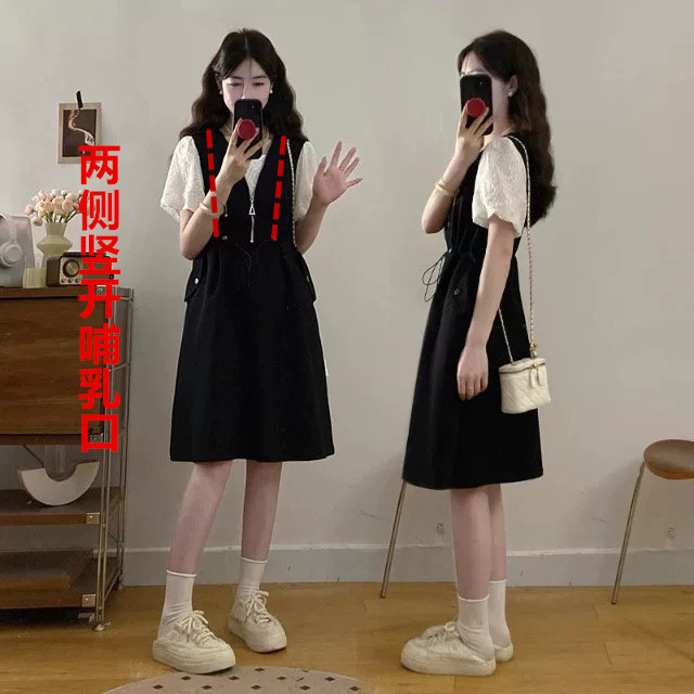 潮流假两件夏季时尚高级口袋工装拼接设计百搭显瘦外穿哺乳连衣裙
