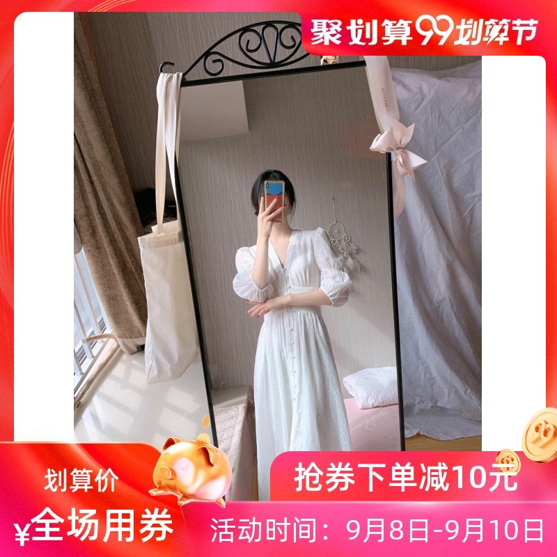 法式复古梗桔初恋高冷系高个子女装白色连衣裙女仙成熟御姐风气质买三送一